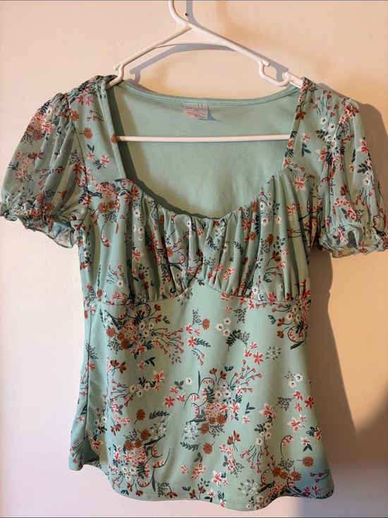 No Boundaries Tops - No Boundaries Mint Green Floral Puff-Sleeve Top